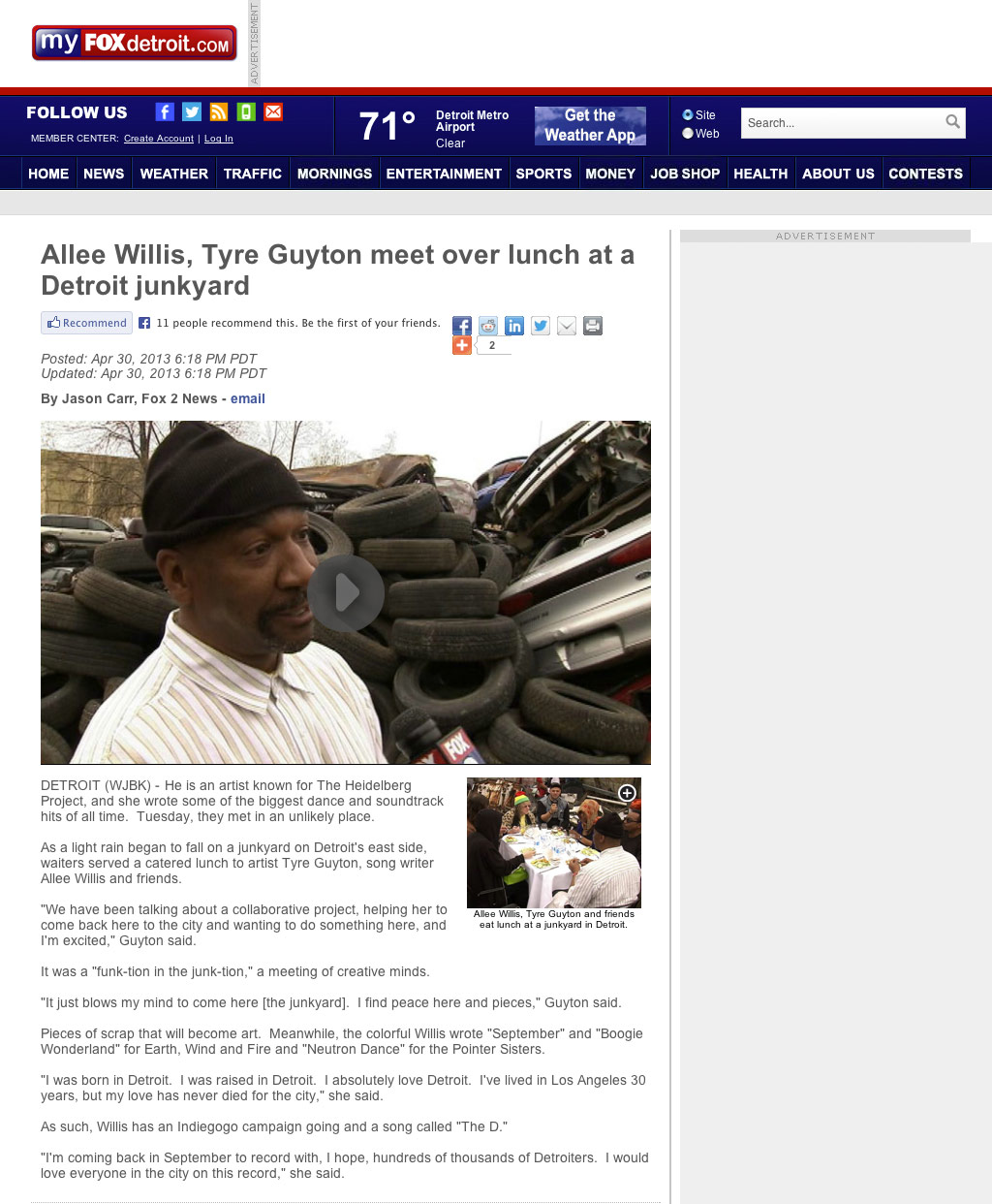 Allee Willis, Tyre Guyton meet over lunch at a Detroit junkyard (Fox News, April 30, 2013)